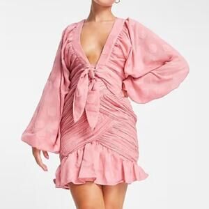 ASOS Design Curve Pink Long Sleeve Ruffle Tie Front Ruched Mini Dress 12
